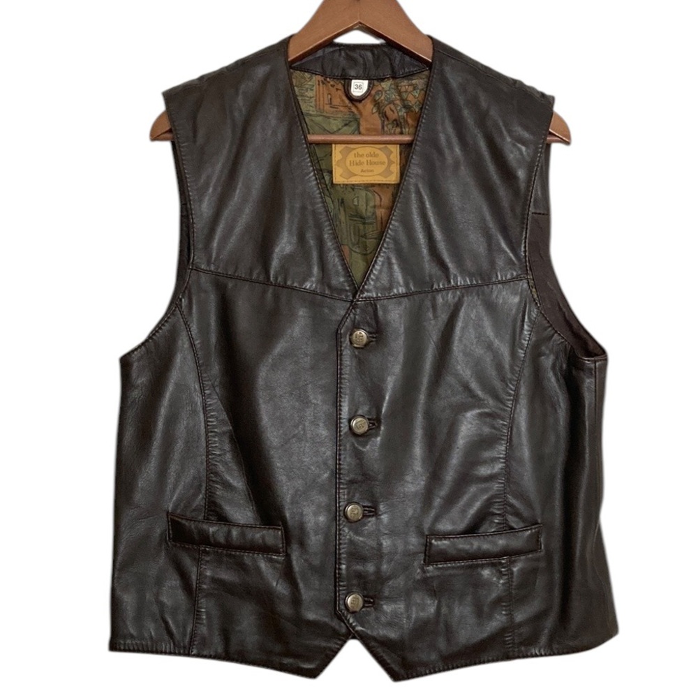 Vintage Leather Vest Mens 36 Brown Button Up Waistcoat Western Olde Hide House